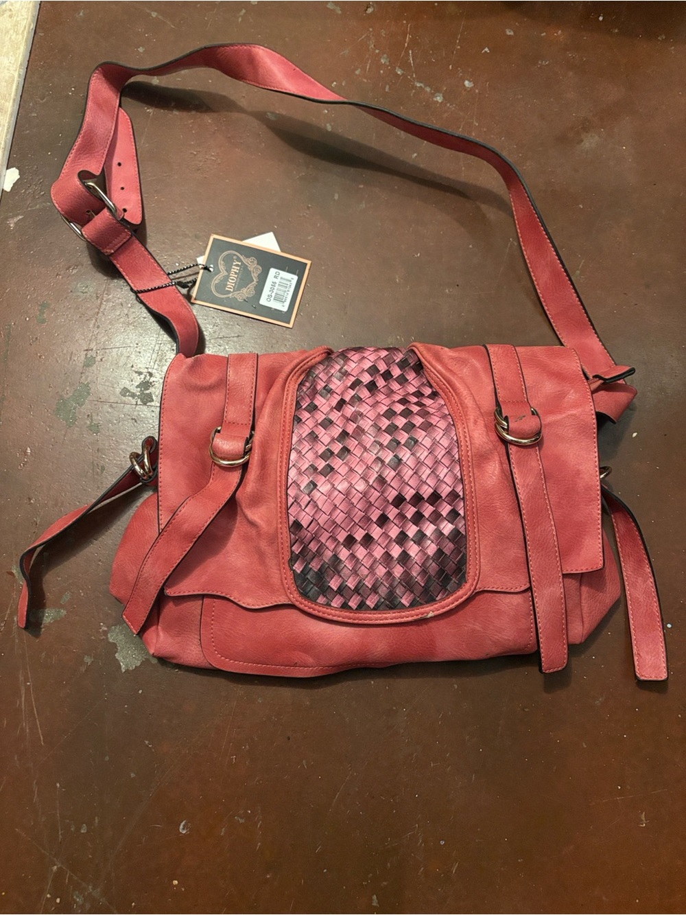 Woven Front Pink Crossbody Bag with Adjustable Strap